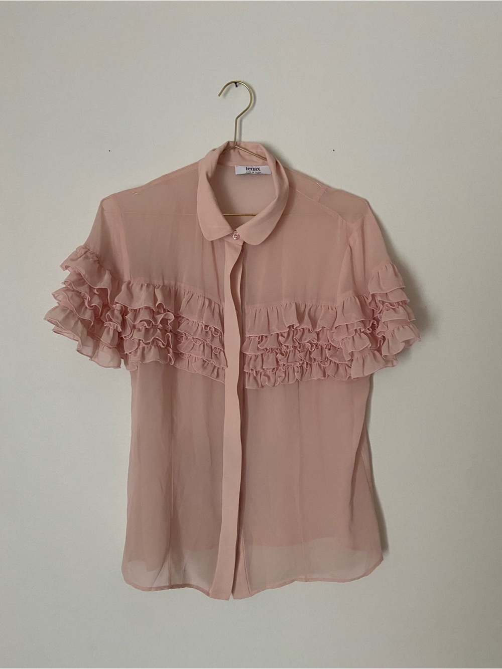 Sheer Pink Ruffle Button-Down Blouse